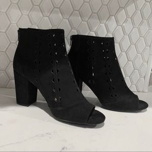 Brash black faux suede peep toe bootie. Size 11